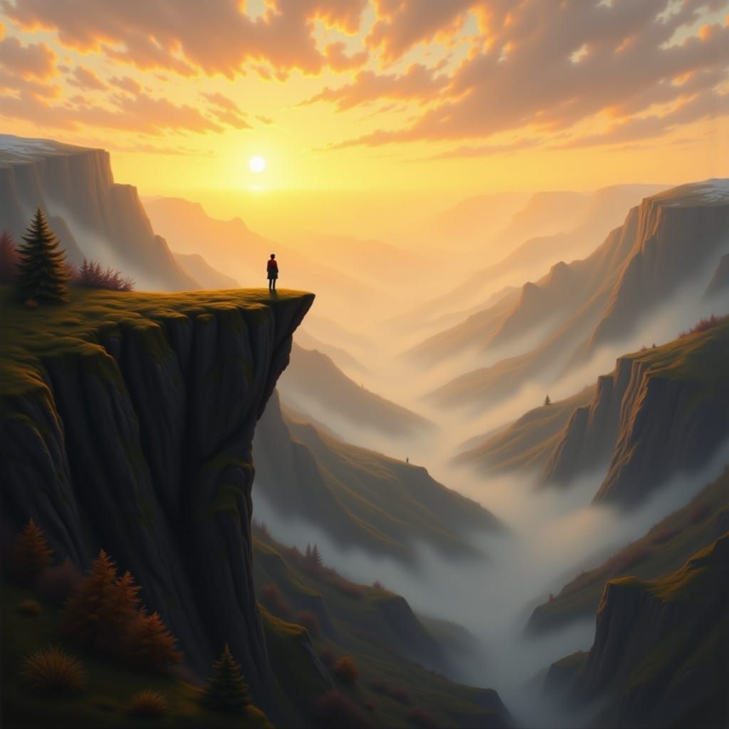 Serene Dawn Landscape Painting with Golden Light