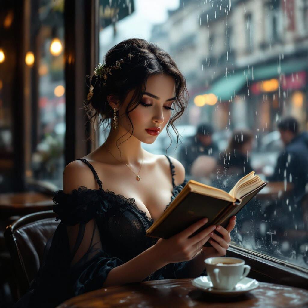 Melancholic Woman Reading in Café: Photorealistic Art
