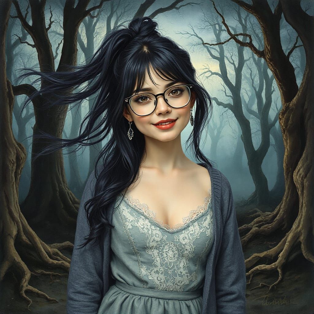 Gothic Woman in Haunted Forest: Gouache Impressionist Art