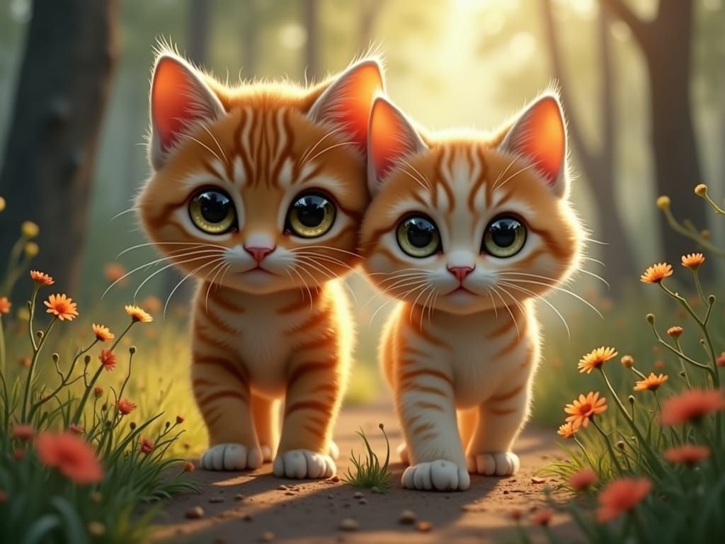 Realistic Cartoon Kitten Couple Walking in a Glowing Forest