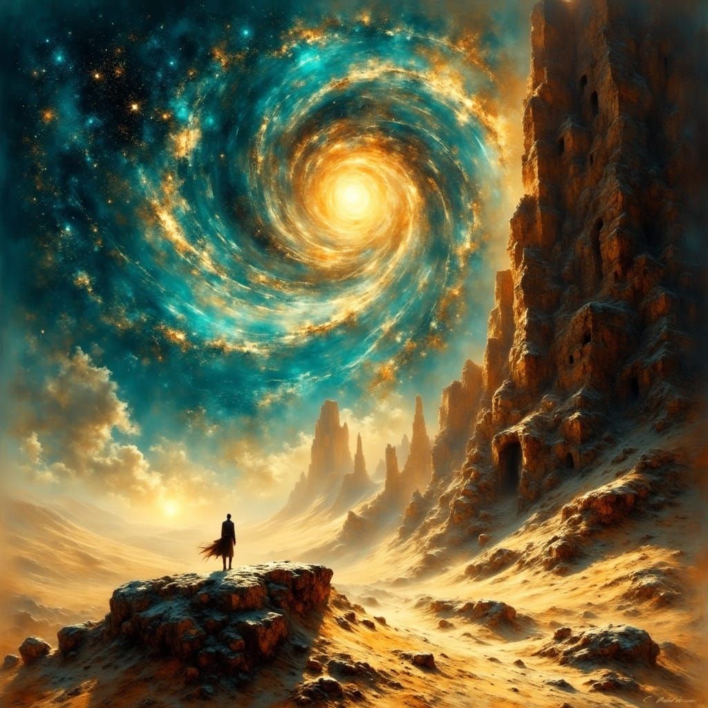 Lone Wanderer in Alien Desert Under Cosmic Sky