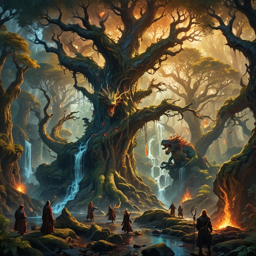 Wizards and Dragons Clash in Mystical Forest