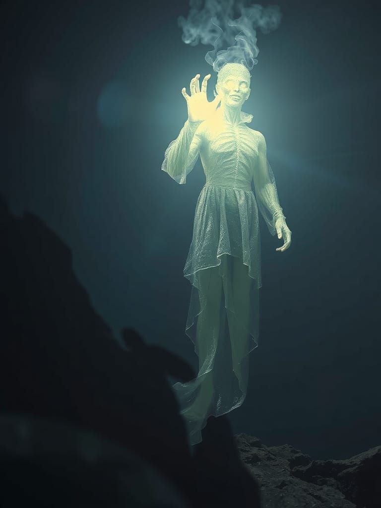 Ethereal ghost, fantasy art, Dramatic lighting, shadows, Glowing and floating through the darkness. Moody, atmospheric c...