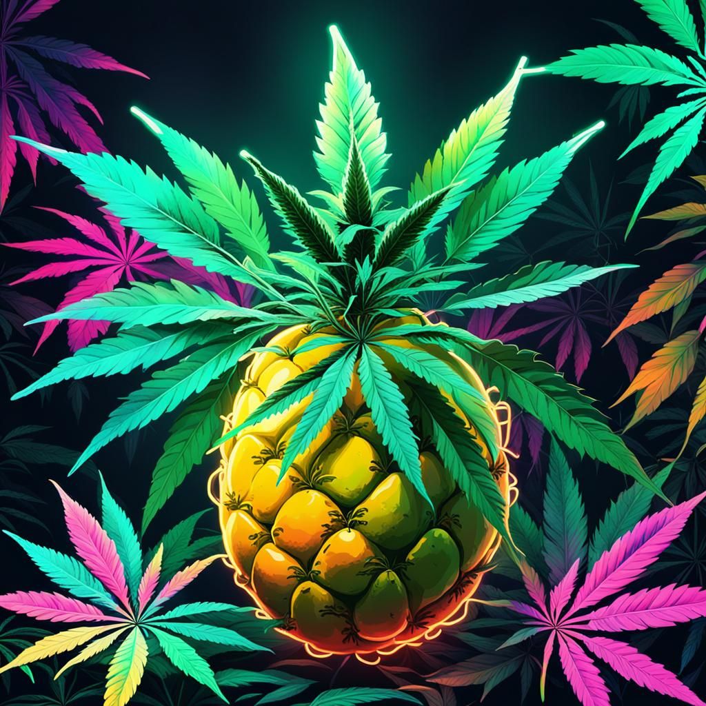 Juicy Mango with Cannabis Leaves in Synthwave Style
