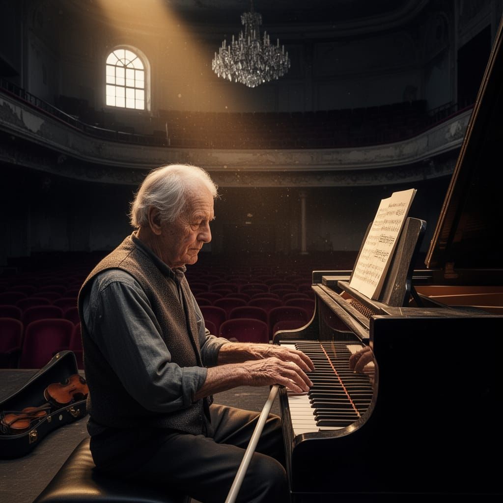 Blind Musician Listens to Music in Empty Concert Hall