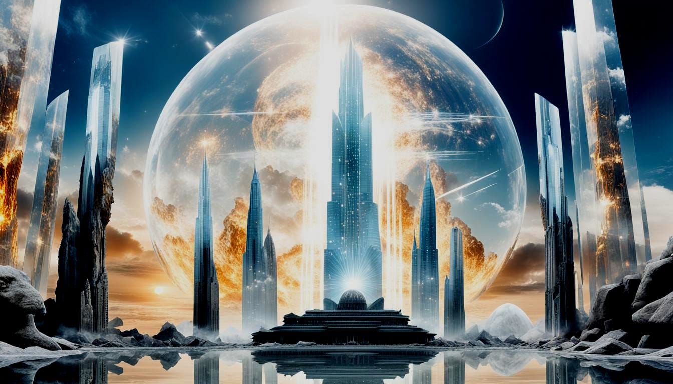 Futuristic Cityscape with Electric Fire Columns