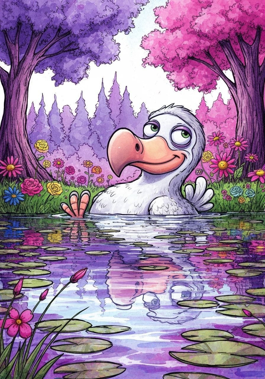 Dodo in Lake: Maximalist Watercolour Sketch Art