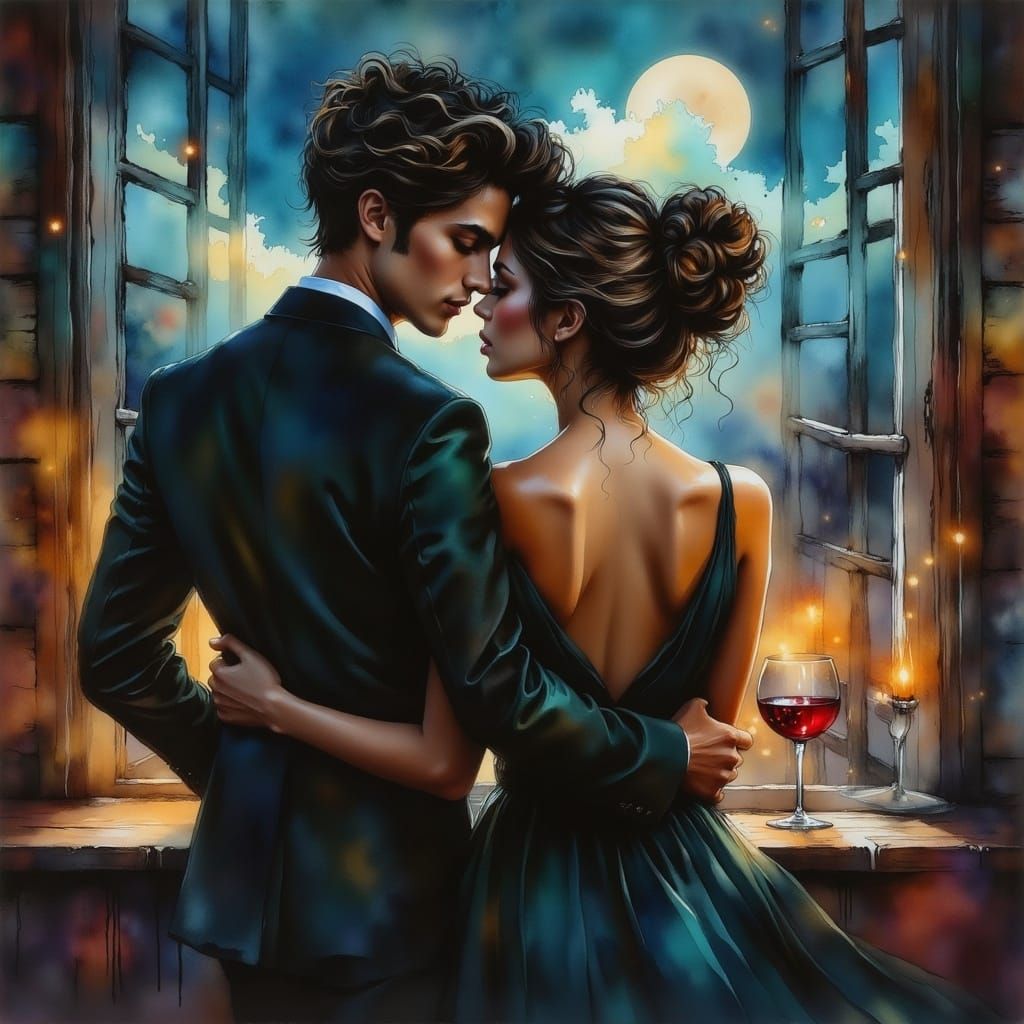 Ethereal Moonlit Encounter in Watercolor Style