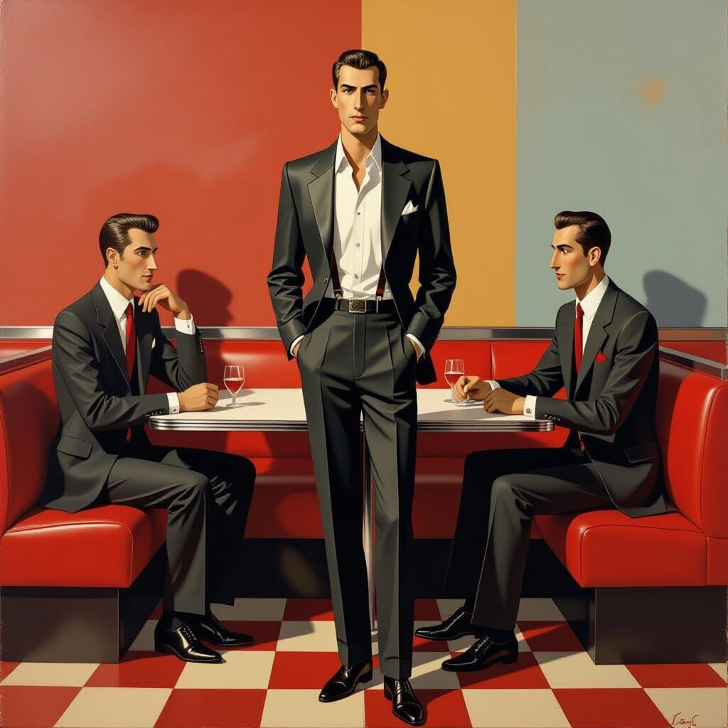 Giacometti-Inspired Figures in 1950s Diner with Abstract Bac...