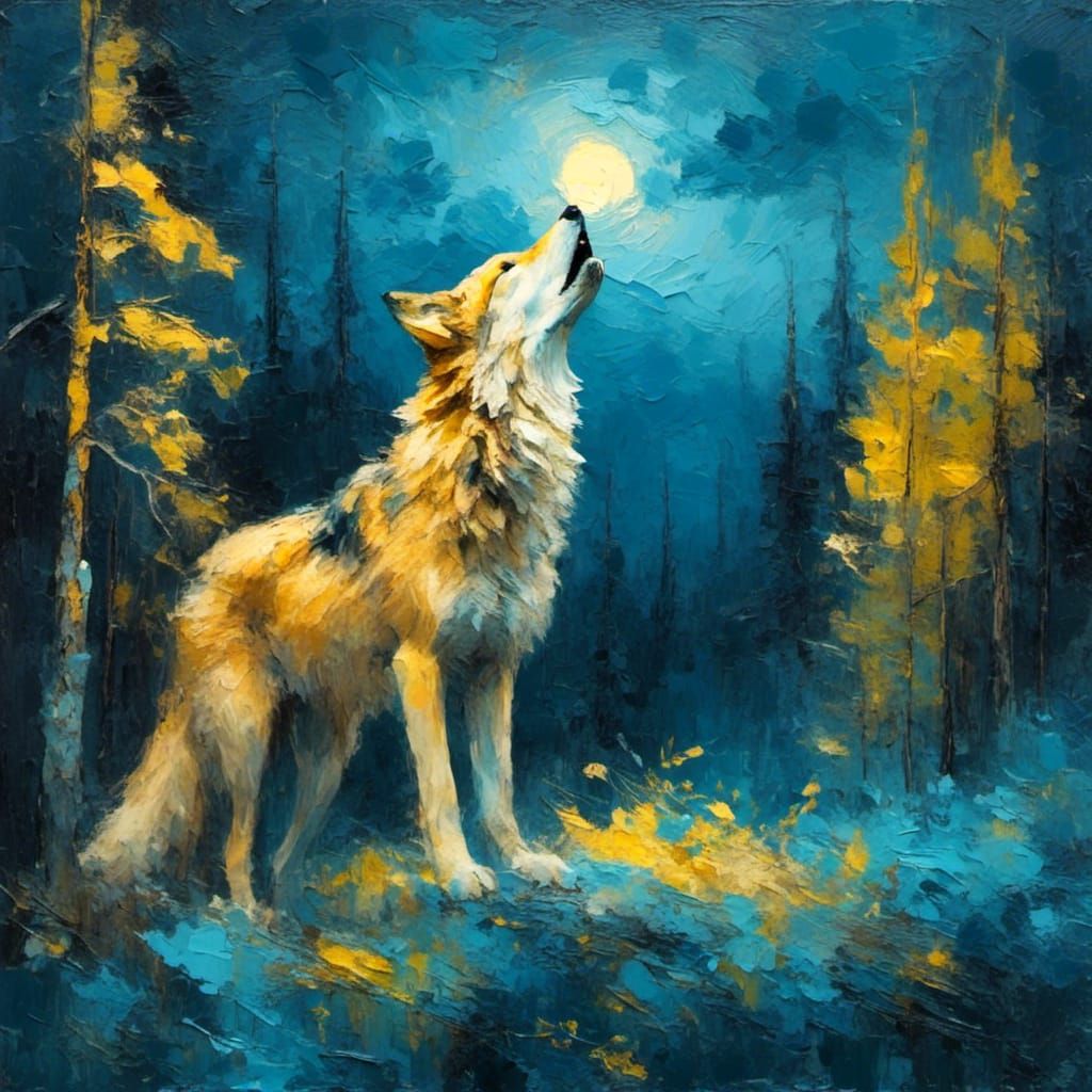 Wolf Howling at Moon in Fauvist Style