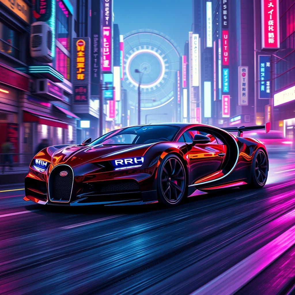 Futuristic Bugatti Chiron in Cyberpunk Cityscape