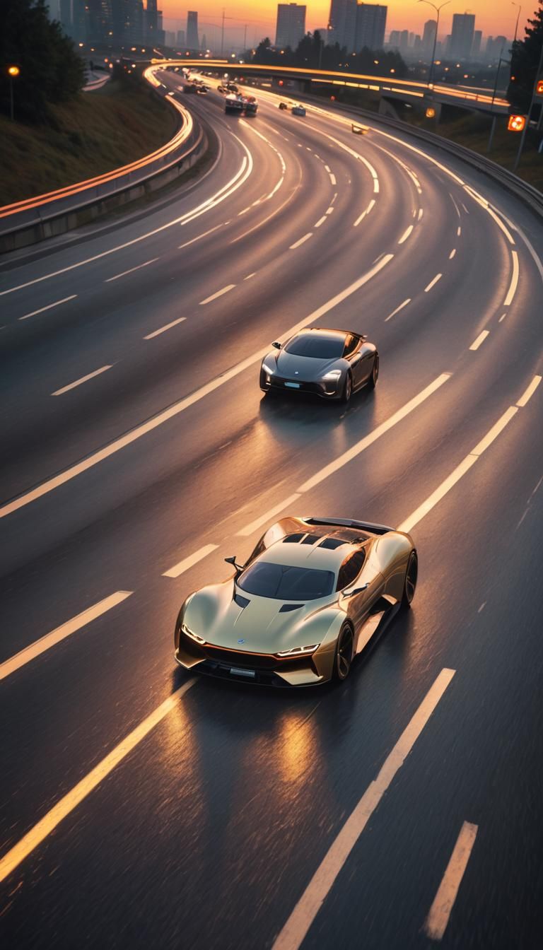 German Futuristic Car on Neon Highway in Bokeh Style