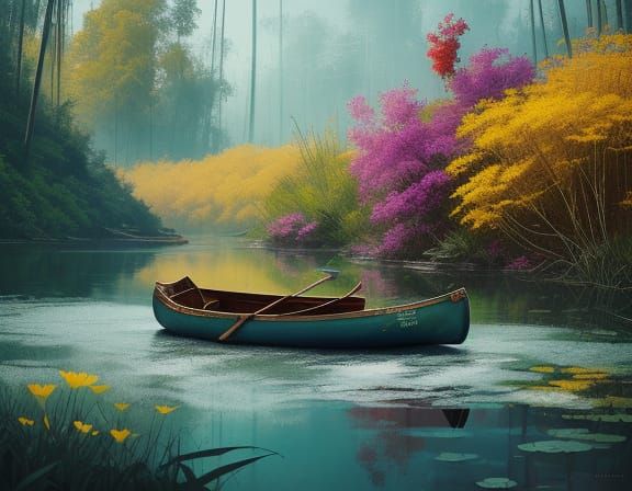 Double Exposure Canoe in Impasto Digital Painting