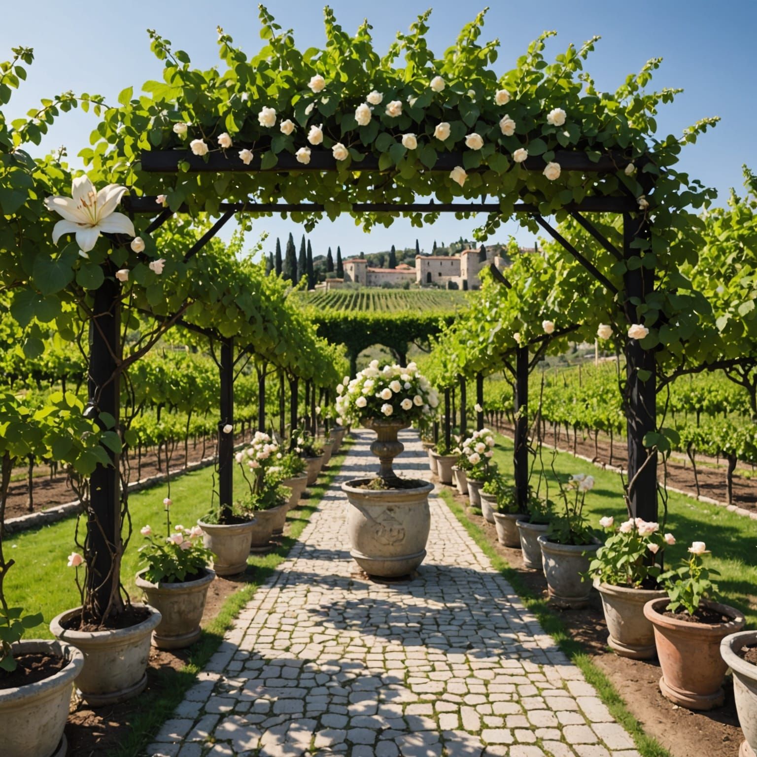 Vineyard Garden with Blooming Almond Staff