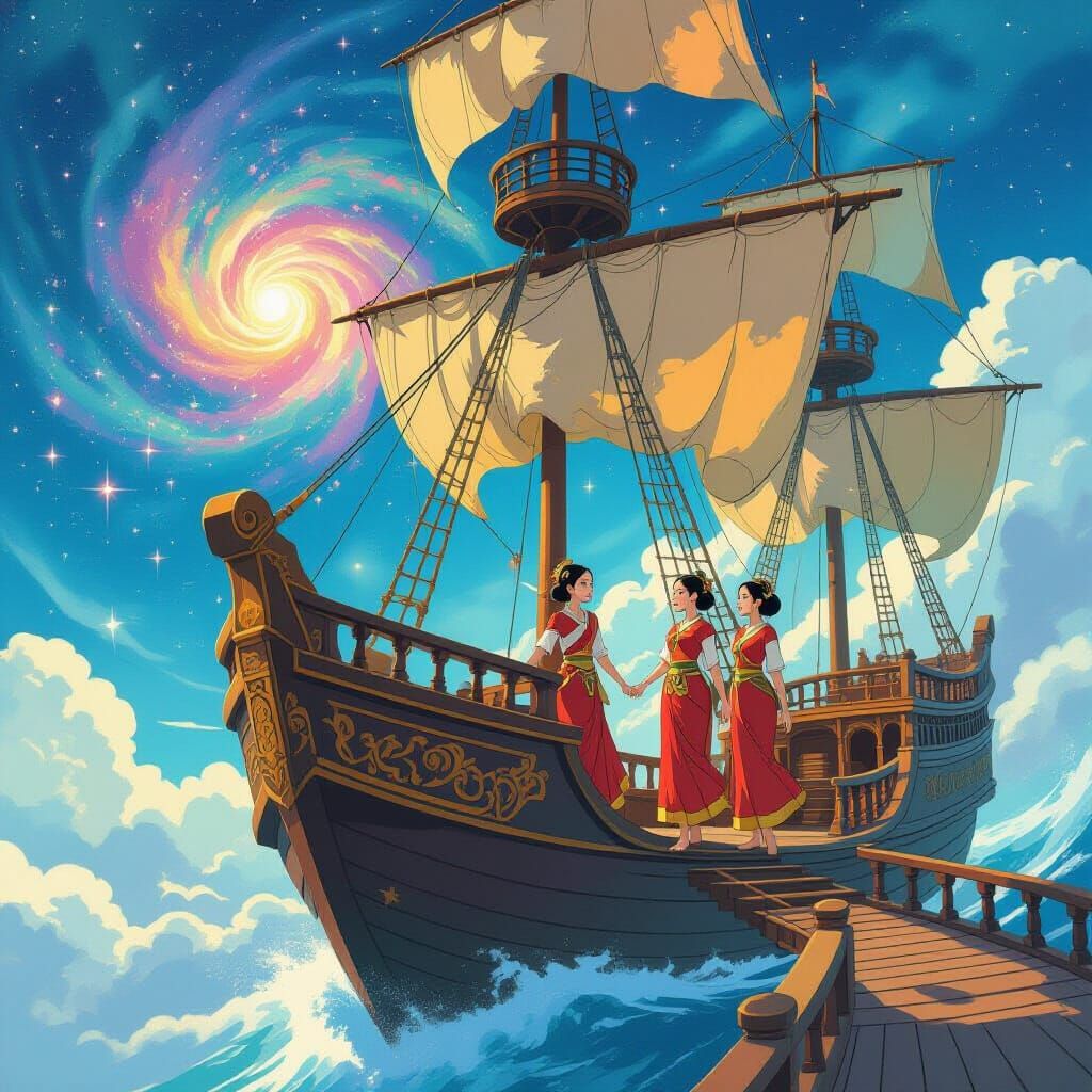 Thai Women on Majestic Sky Galleon Amidst Nebula