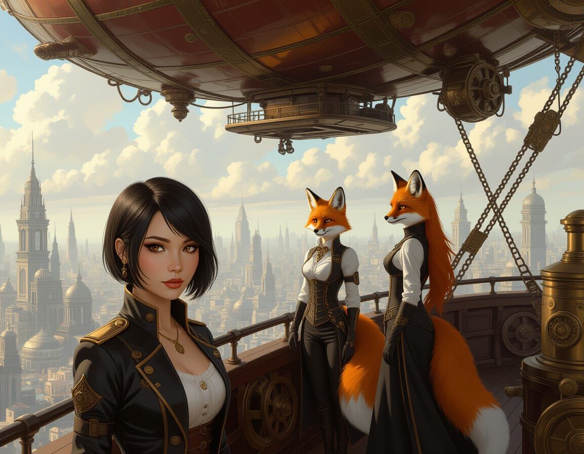 Victorian Thai Woman with Fox Companions on Dirigible