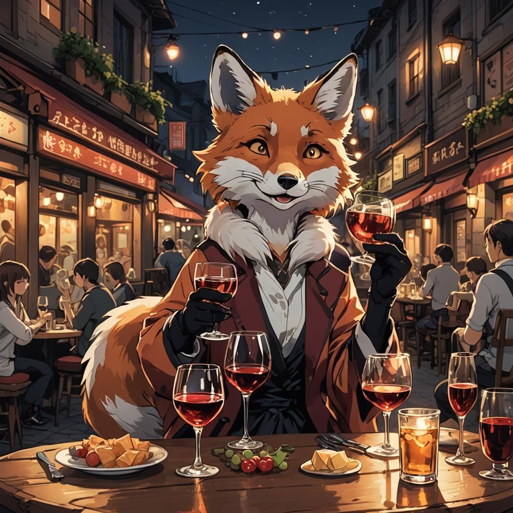 Anime Fox Woman Enjoying Evening Wine, Cel-Shaded