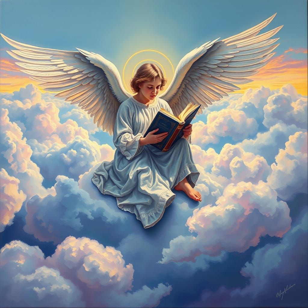 Angelic Figure Reads Book on a Floating Cloud, Volumetric Li...
