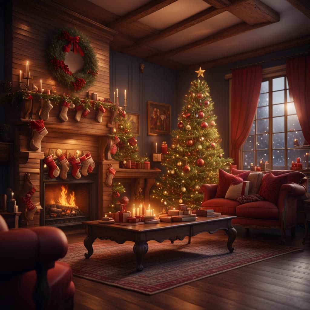 Cozy Christmas Living Room in Detailed Fantasy Style