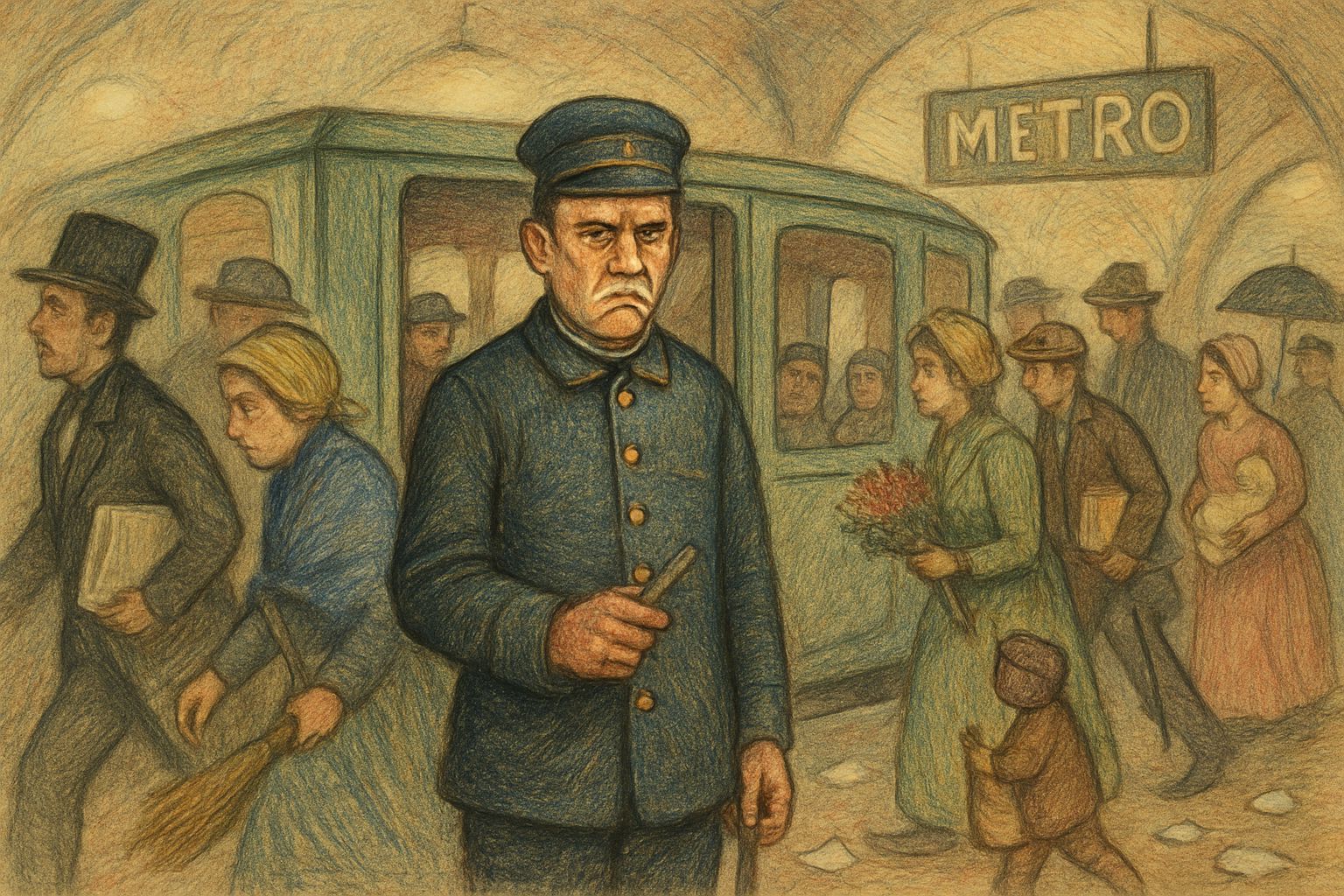 Paris Metro Conductor George Verlaine in 1812 Colored Pencil...