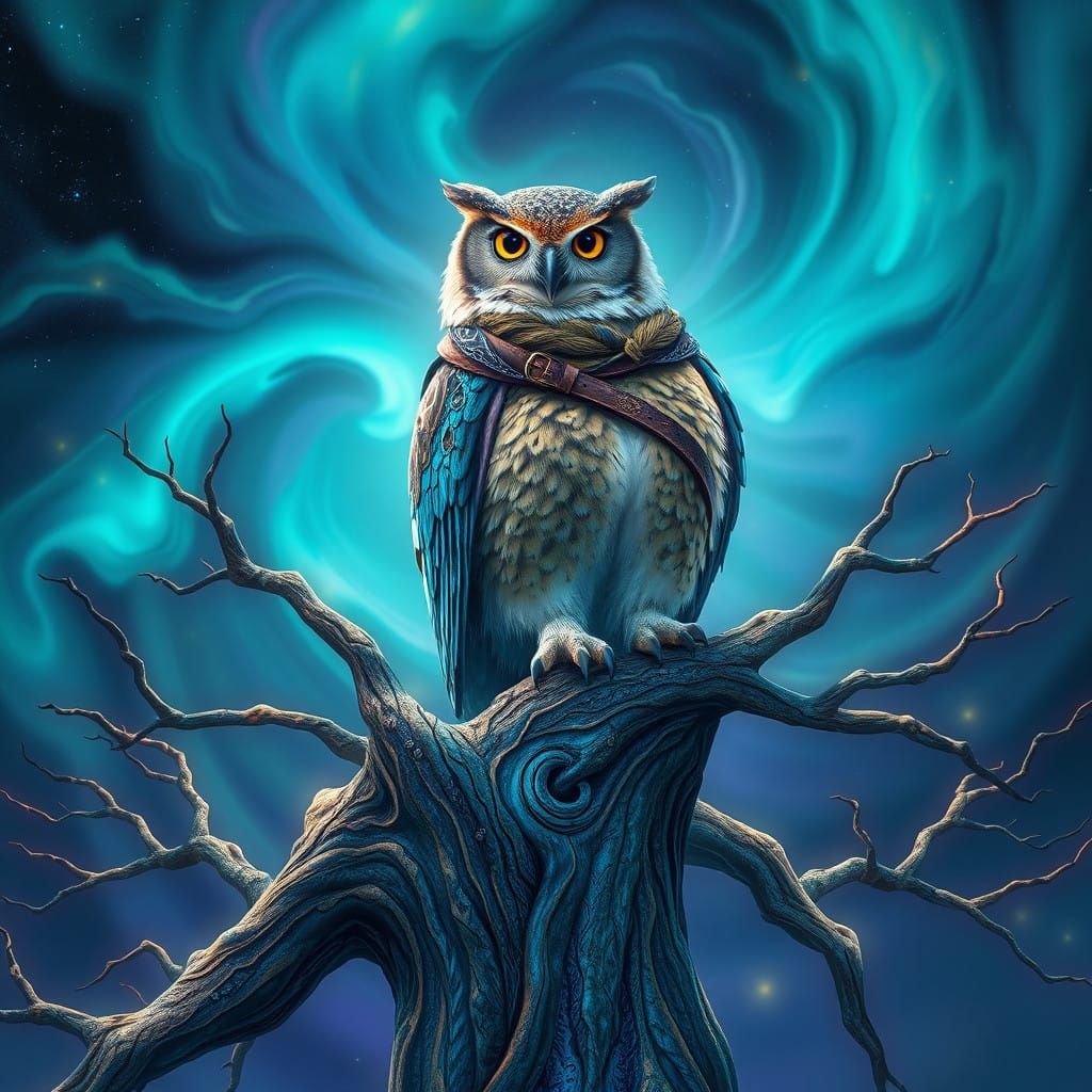 Majestic Doctor Owl Amidst Iridescent Dreamscape