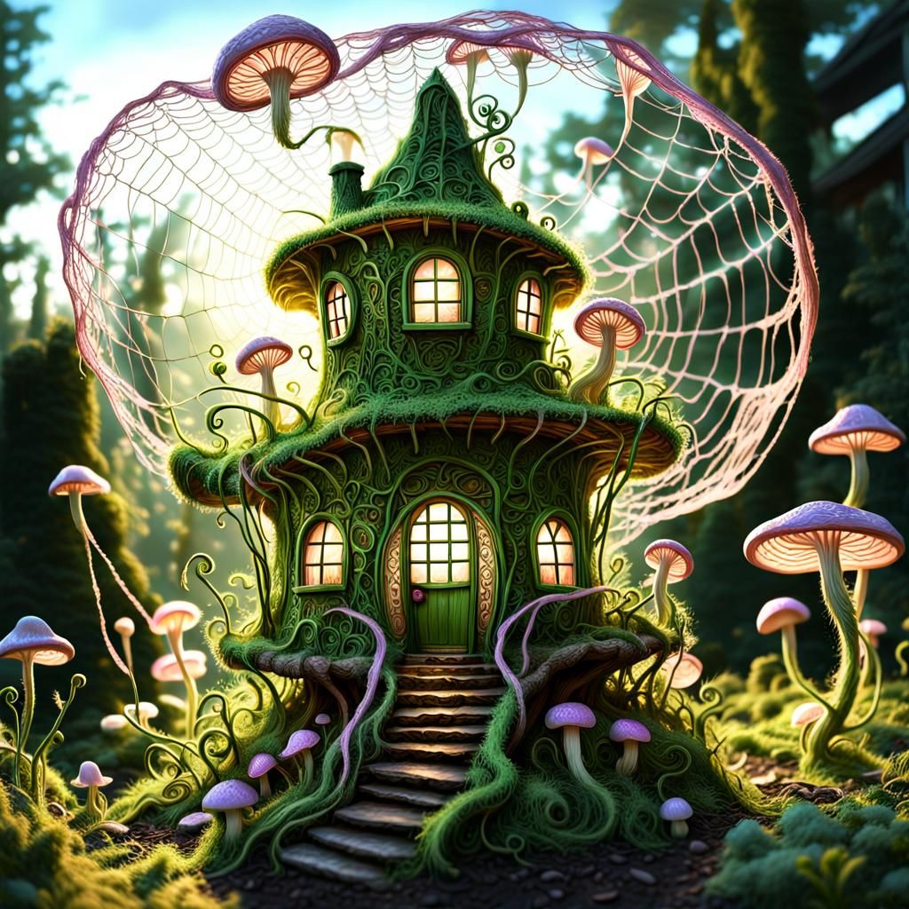 Intricate Fairy Houses in a Backlit Garden