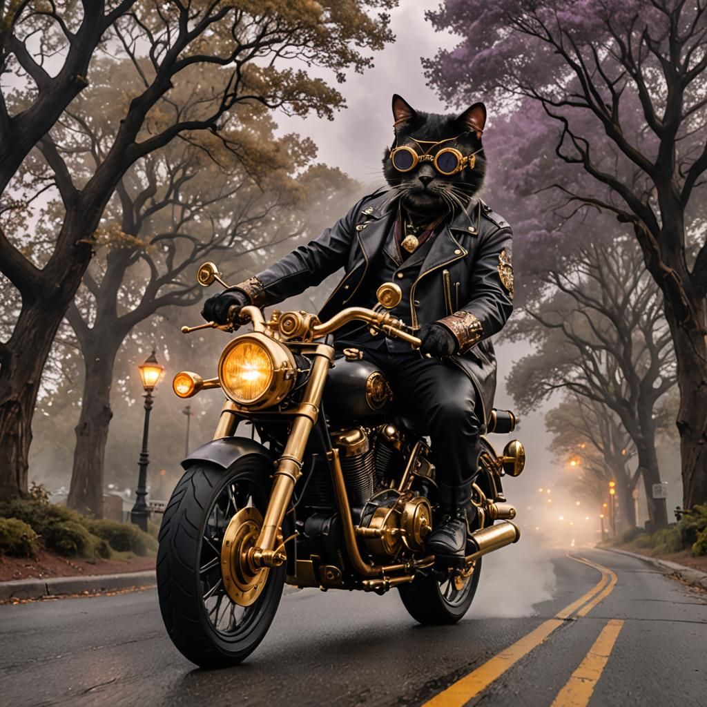 Steampunk Cat on Motorcycle, Detailed Digital Art