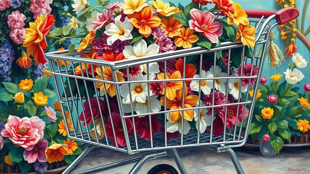Impressionist Flowers in Vibrant Vintage Cart