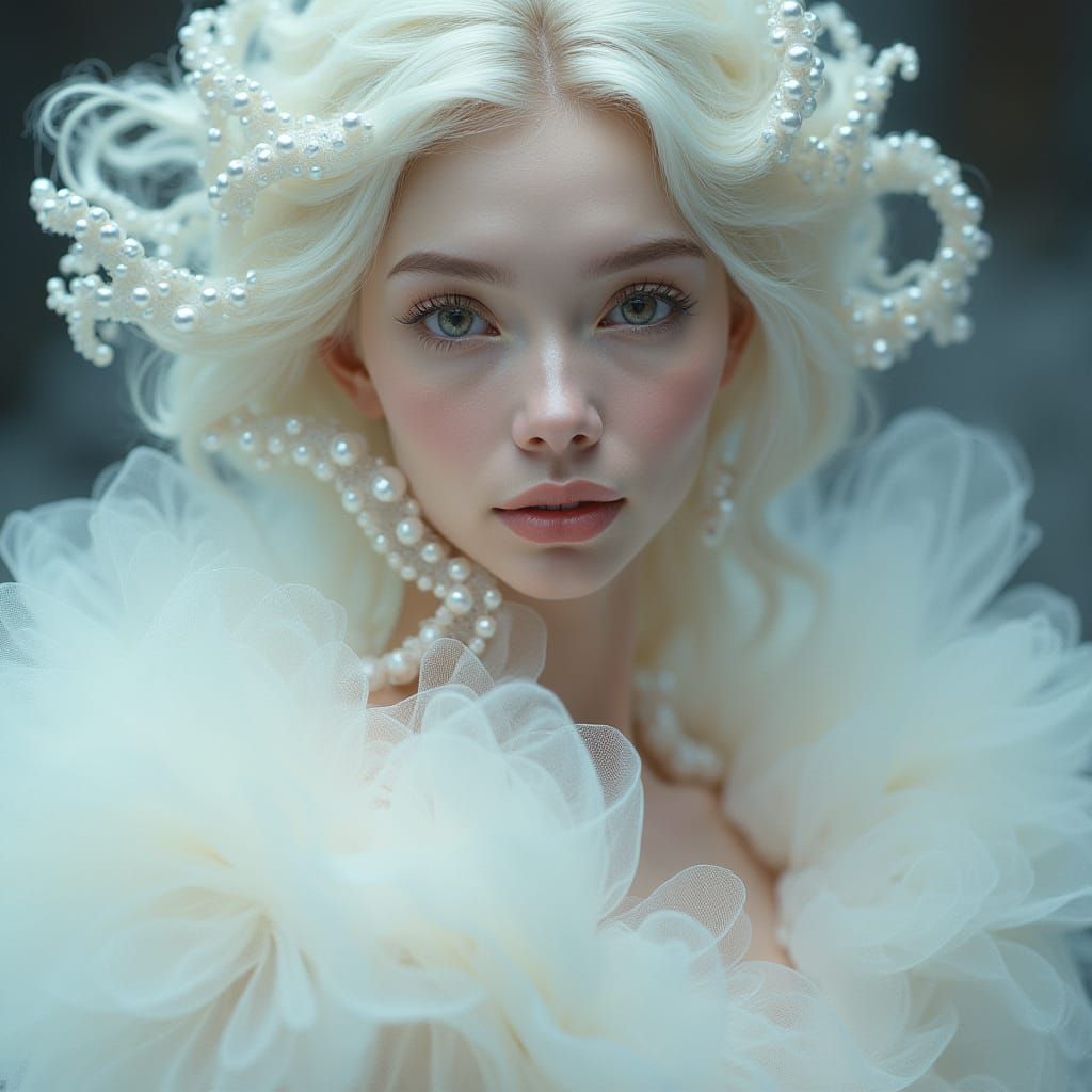 Ethereal Aristocrat in Haute Couture Gown with Intricate Pea...