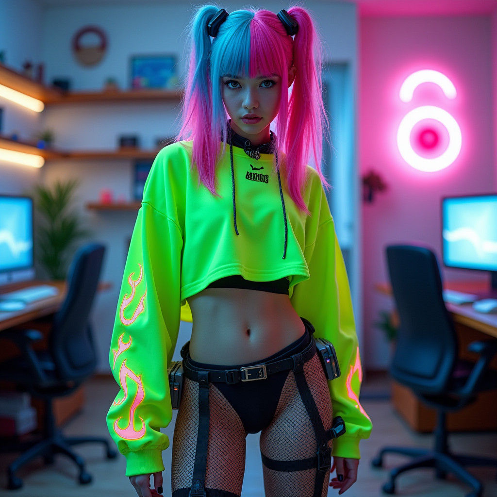 Cyberpunk Portrait of Stylish Woman with Neon Accents