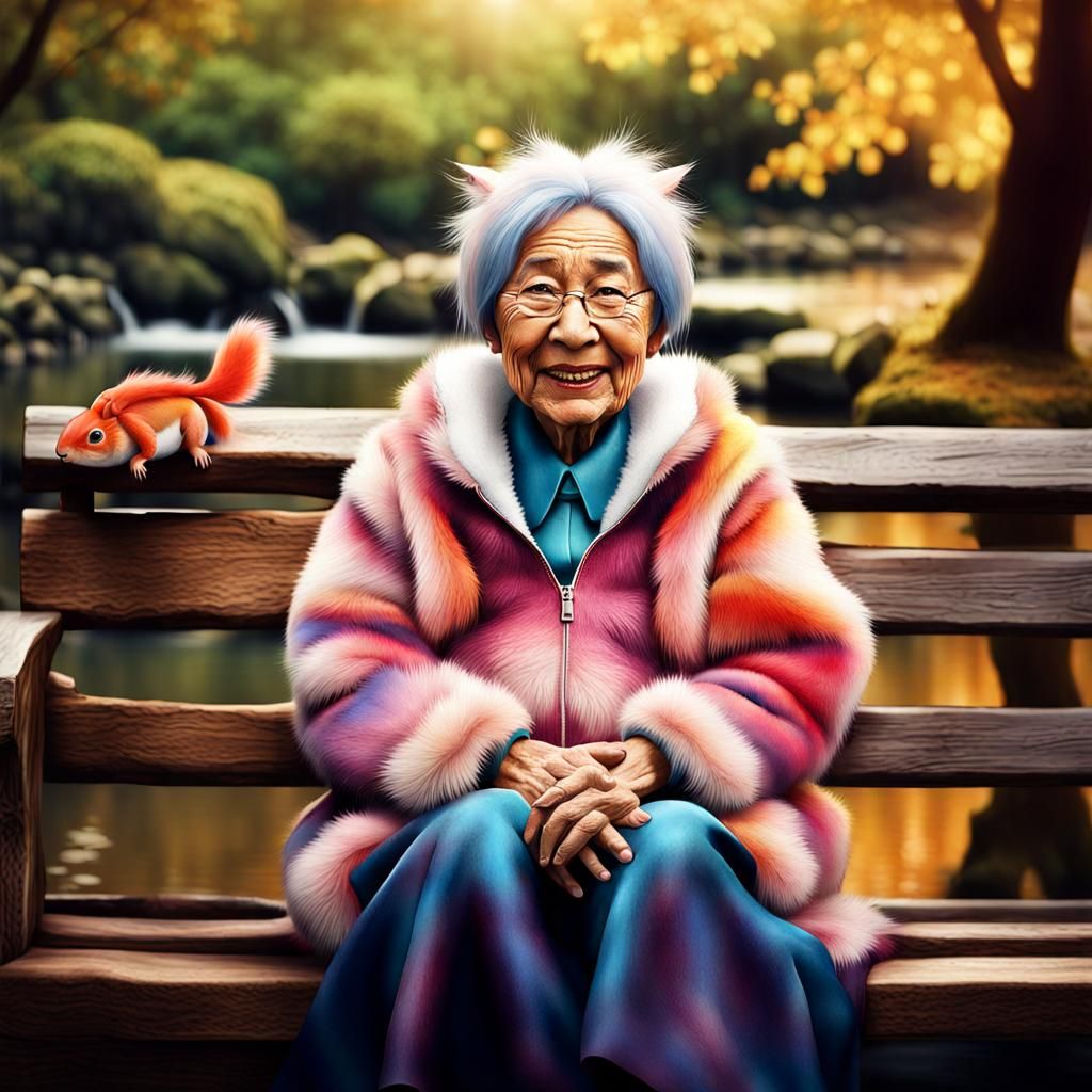 Elderly Woman in Squirrel Costume Watching Fish
