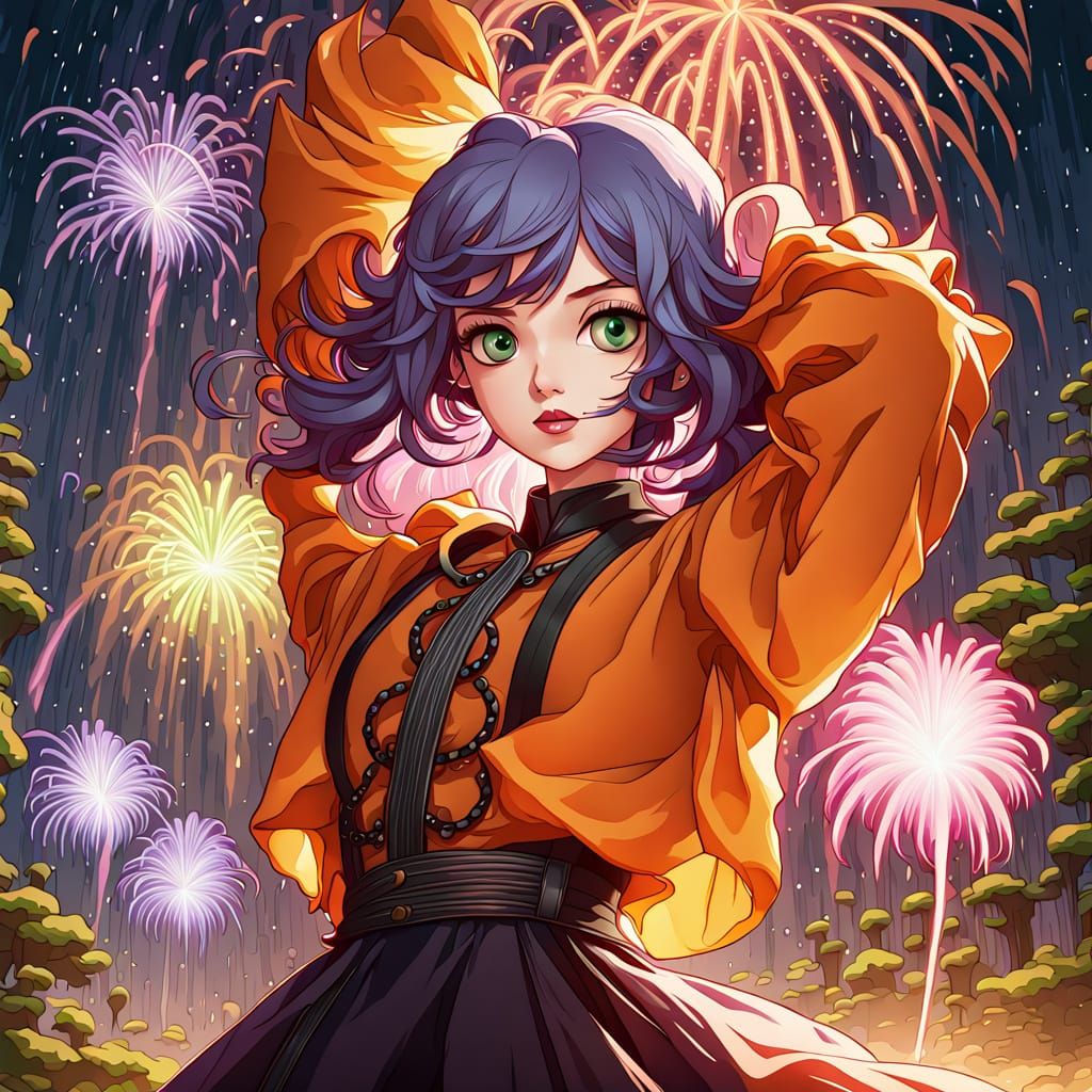 Woman Watching Fireworks in Dynamic Lighting