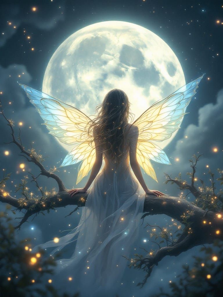 Luminous Fairy with Bioluminescent Wings in Art Nouveau Styl...