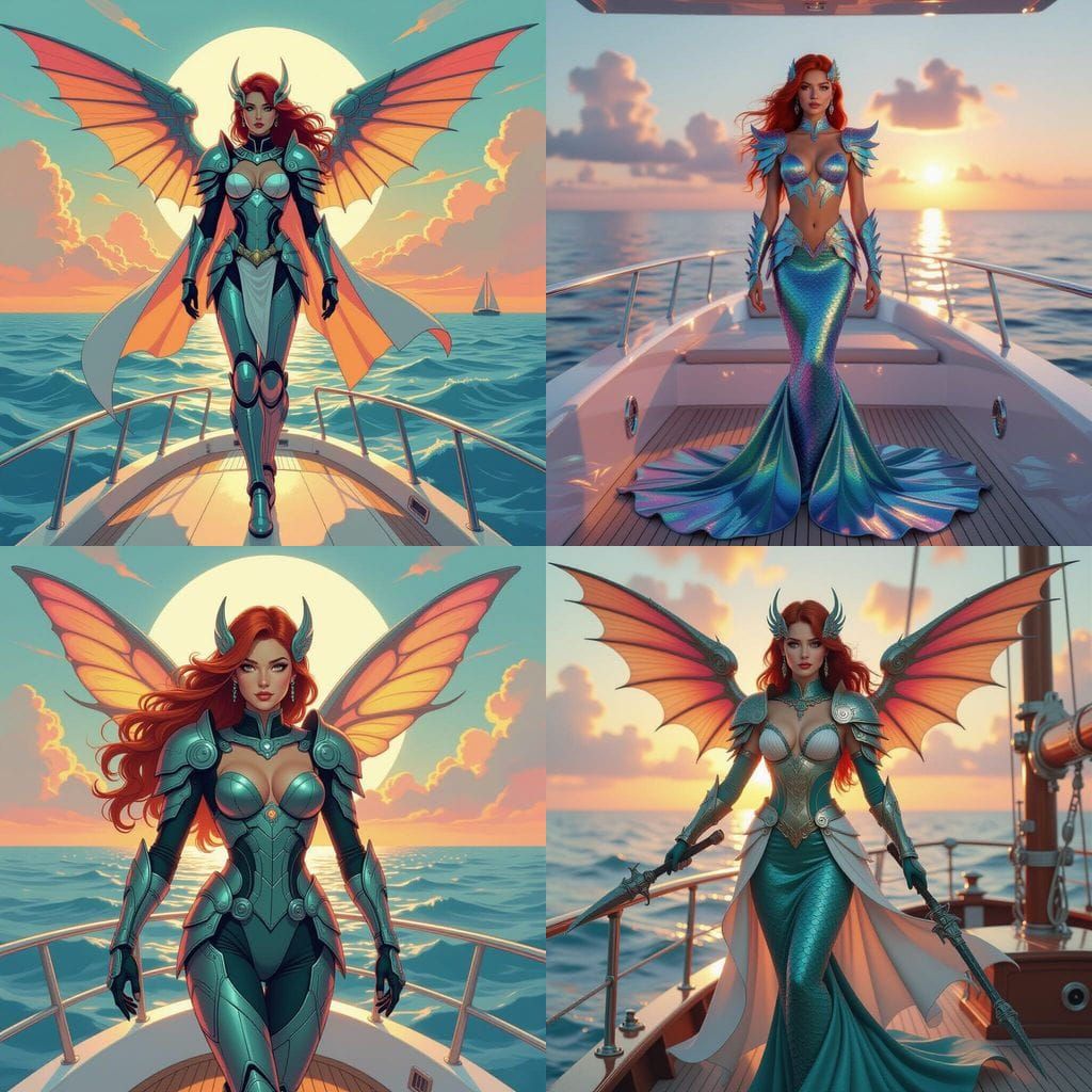 Kraken Mermaid in Mechanical Armor Sails Yacht