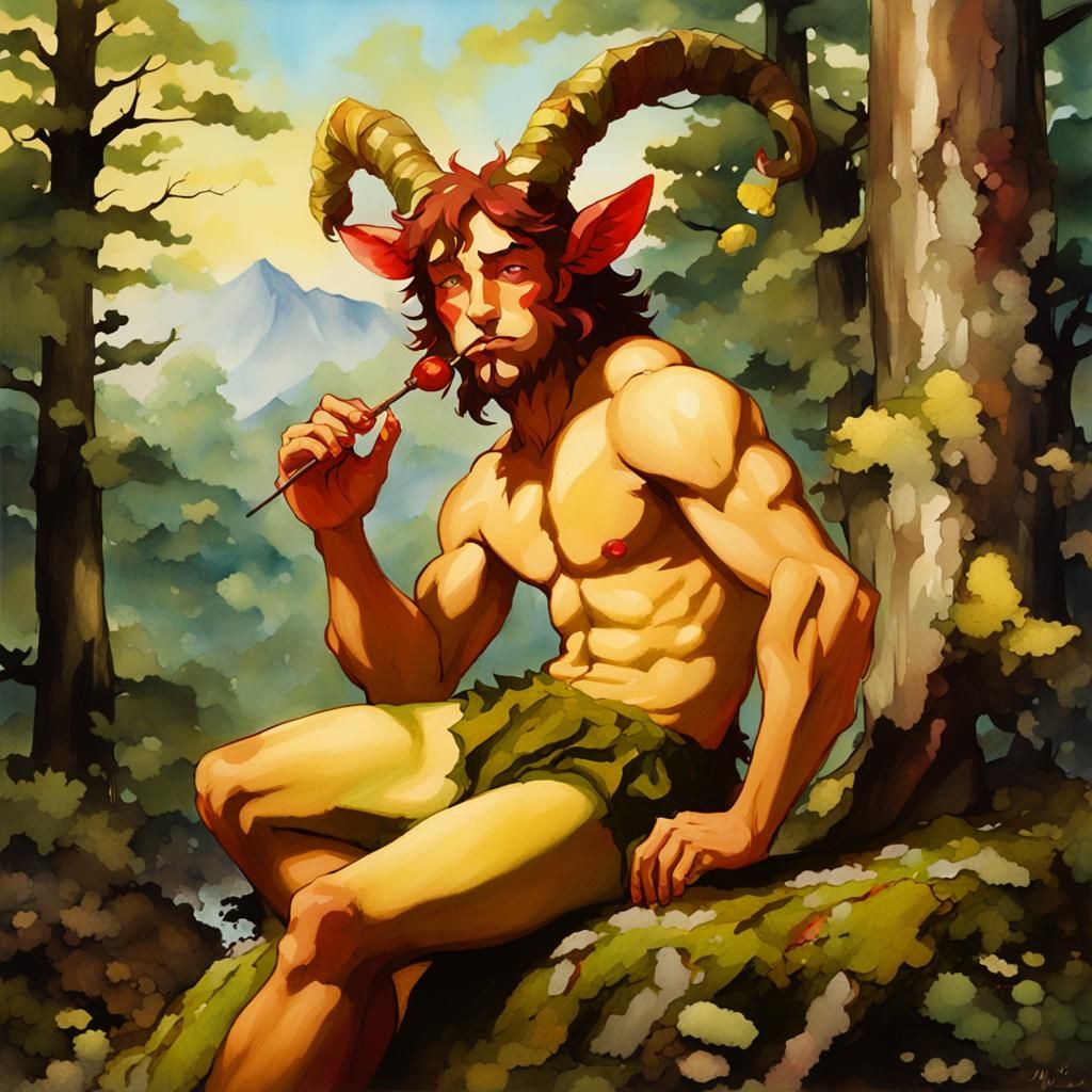 Satyr Dancing in Forest: Surreal Acrylic Painting