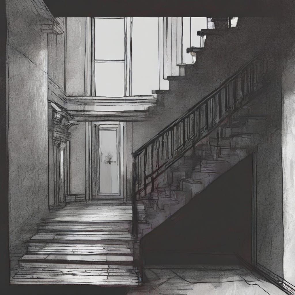 Gaunt Figure in Stairwell: Renaissance Chiaroscuro Drawing