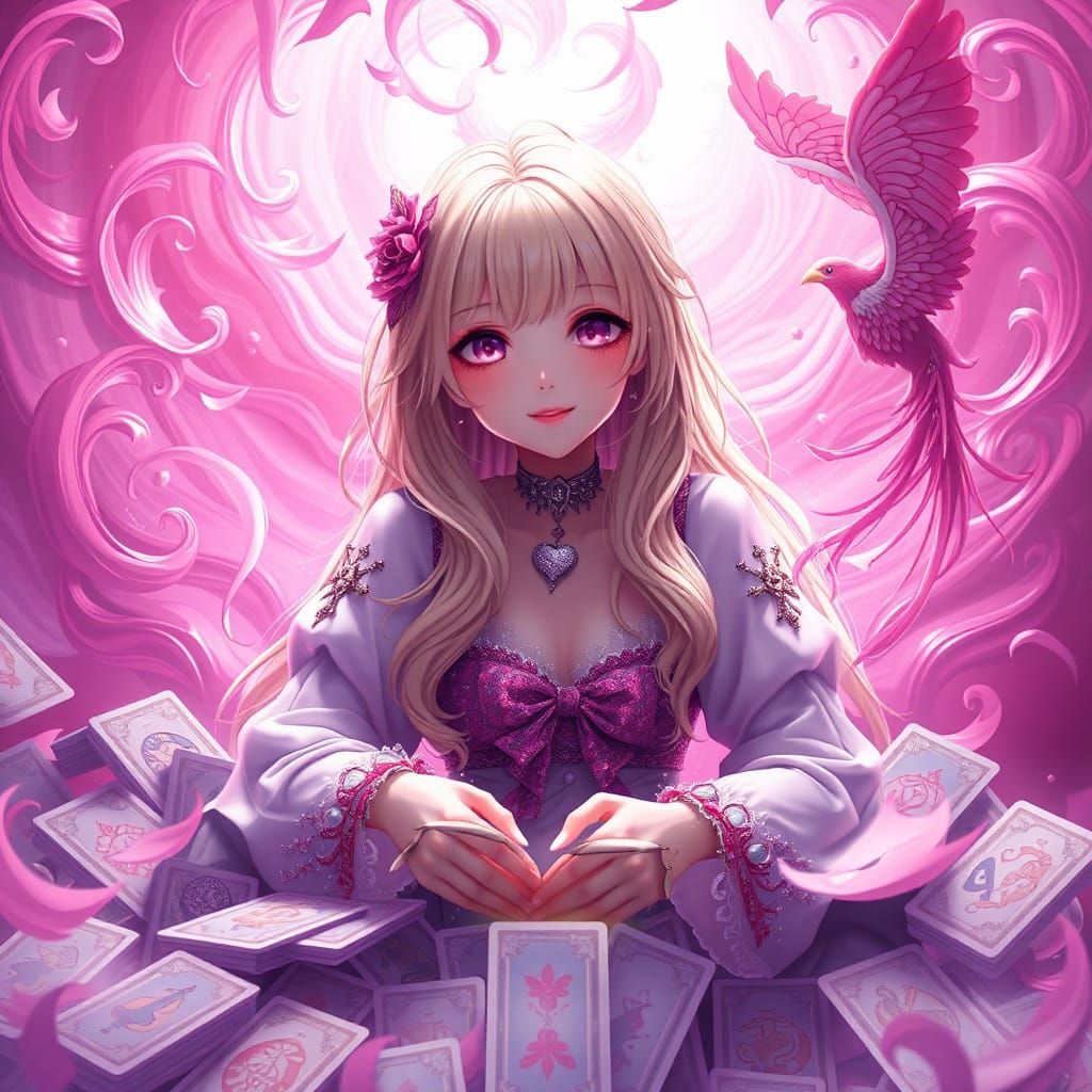 Blonde Tarot Reader in Pink Hues with Phoenix Motifs