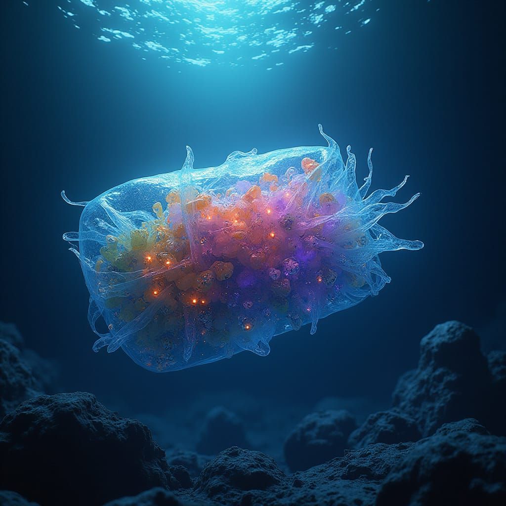 Glowing Plastic Waste in Bioluminescent Ocean