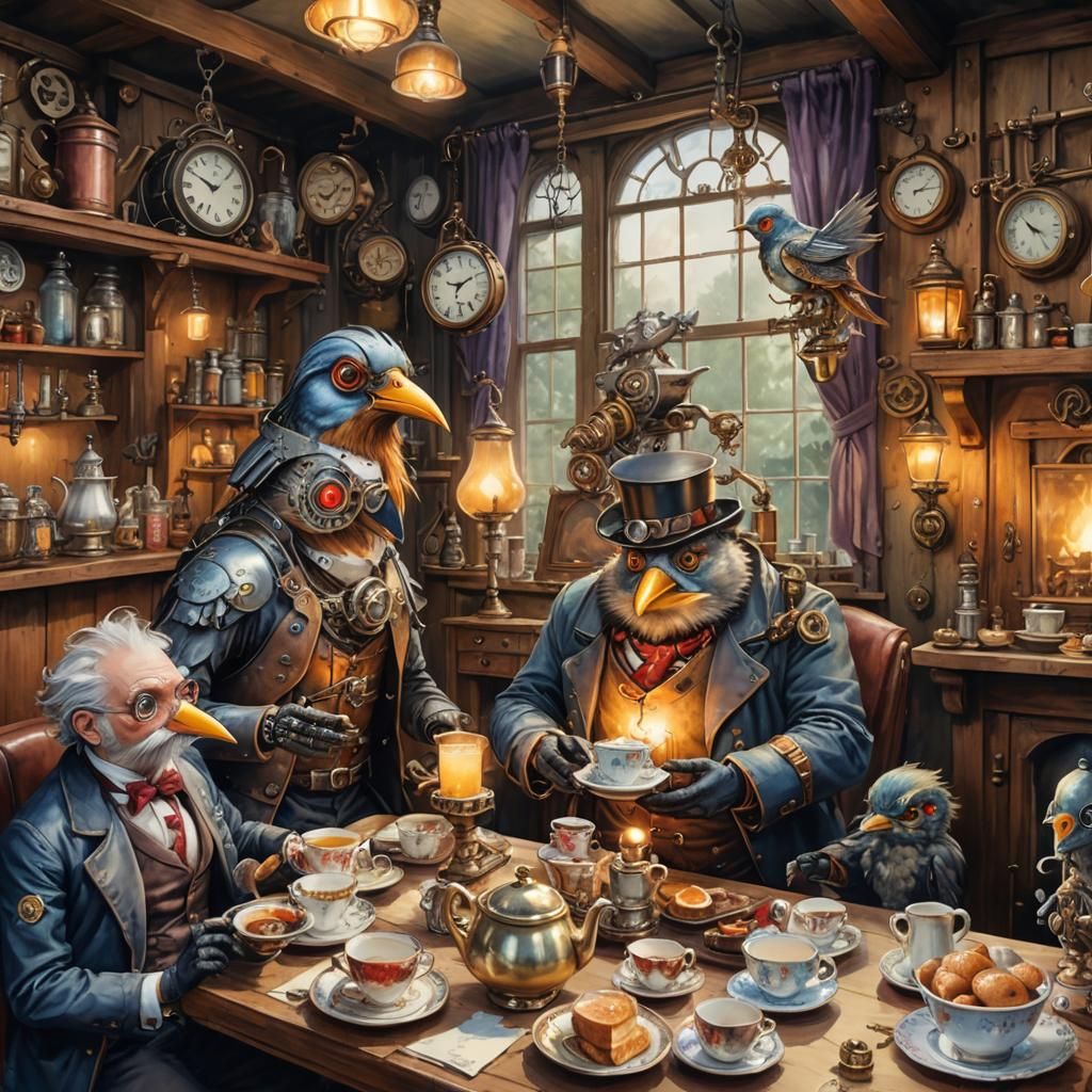 Steampunk Bird Tea Party in Cosy Cottage