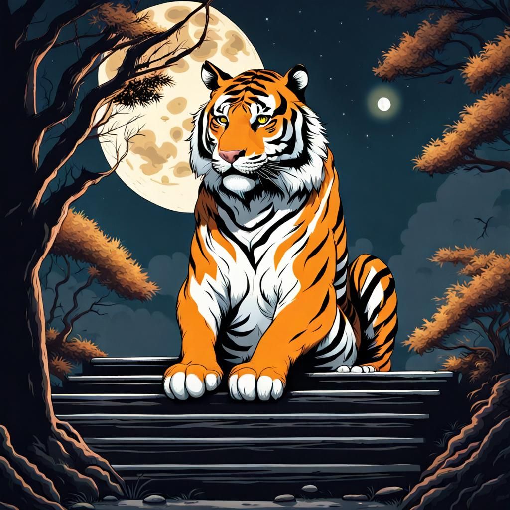 Tiger Gazing at Moonlit Stairway in Forest