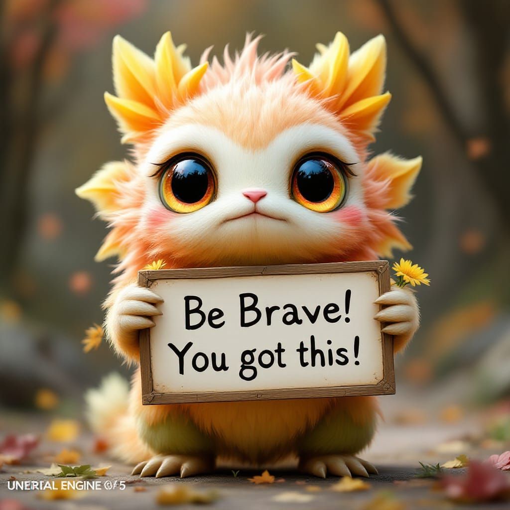 Fluffy Mythical Creature Holding "Be Brave!" Sign