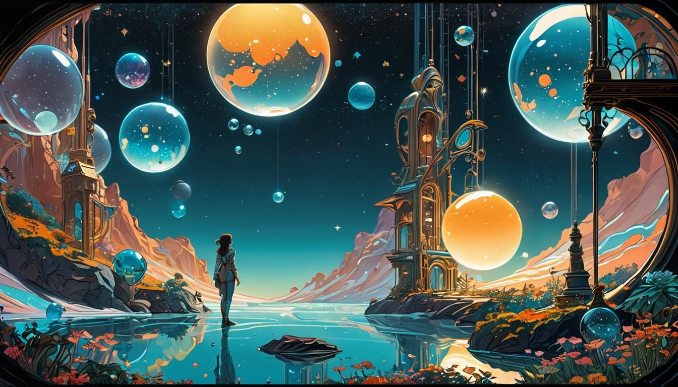 Zero Gravity Nano-Bubble Home in Art Nouveau Comic Style