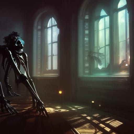 Massive Black Skeleton in Ornate Window, Detailed Art