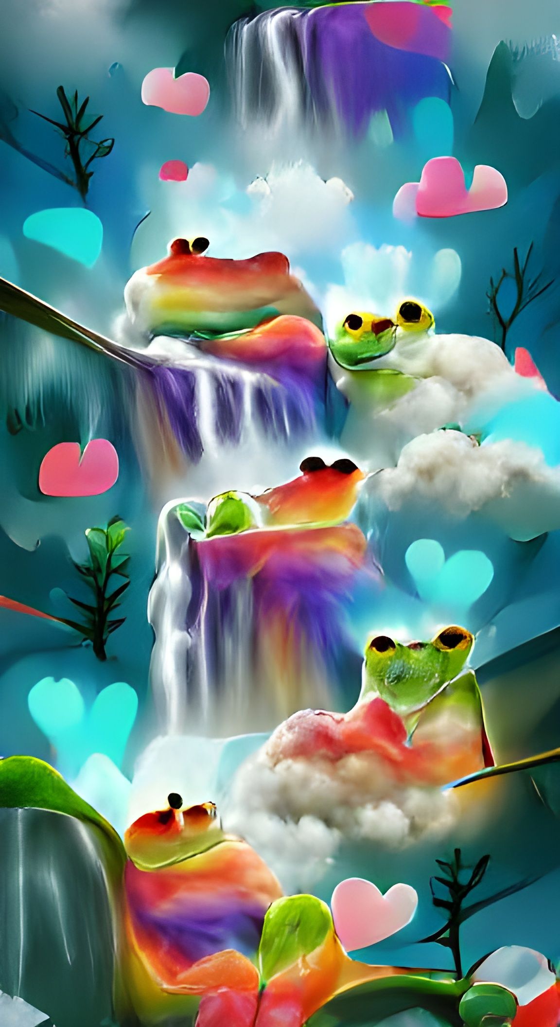 Rainbow Cloudscape with Waterfall and Frogs