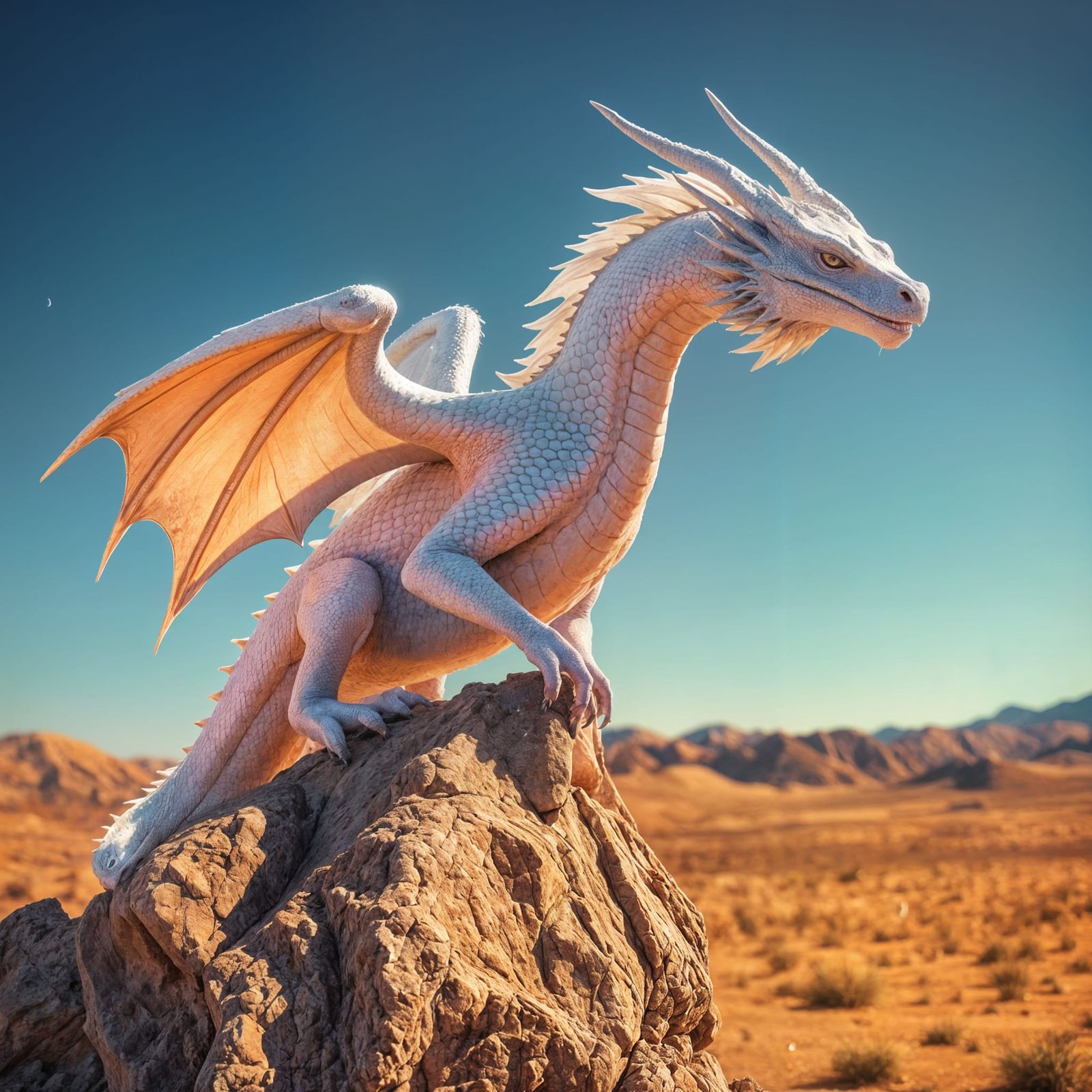 Hyperrealistic White Dragon with Rainbow Scales