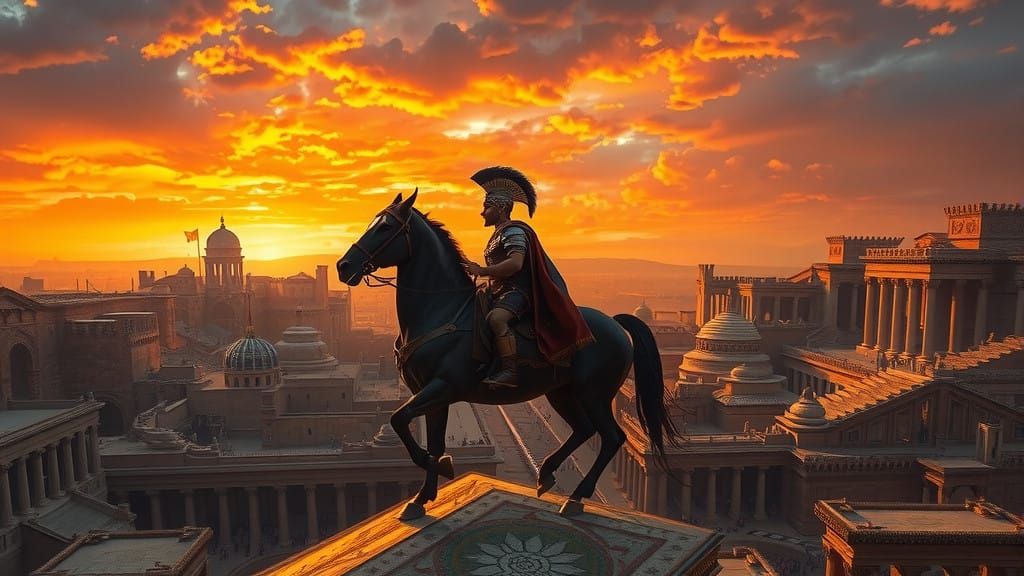 Epic Roman Warrior Rides into Ancient City in Dramatic, Atmo...
