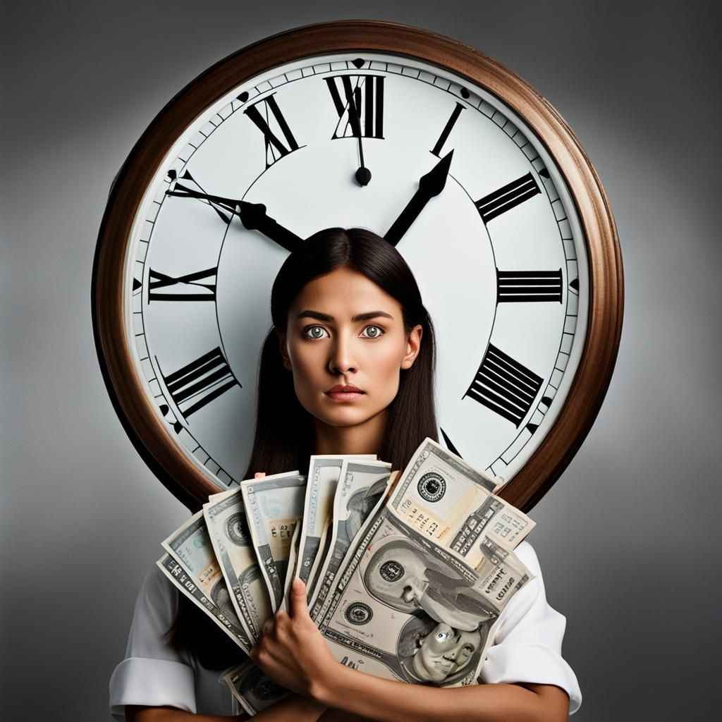 Woman with Money Bag and Clock, Professional Portrait