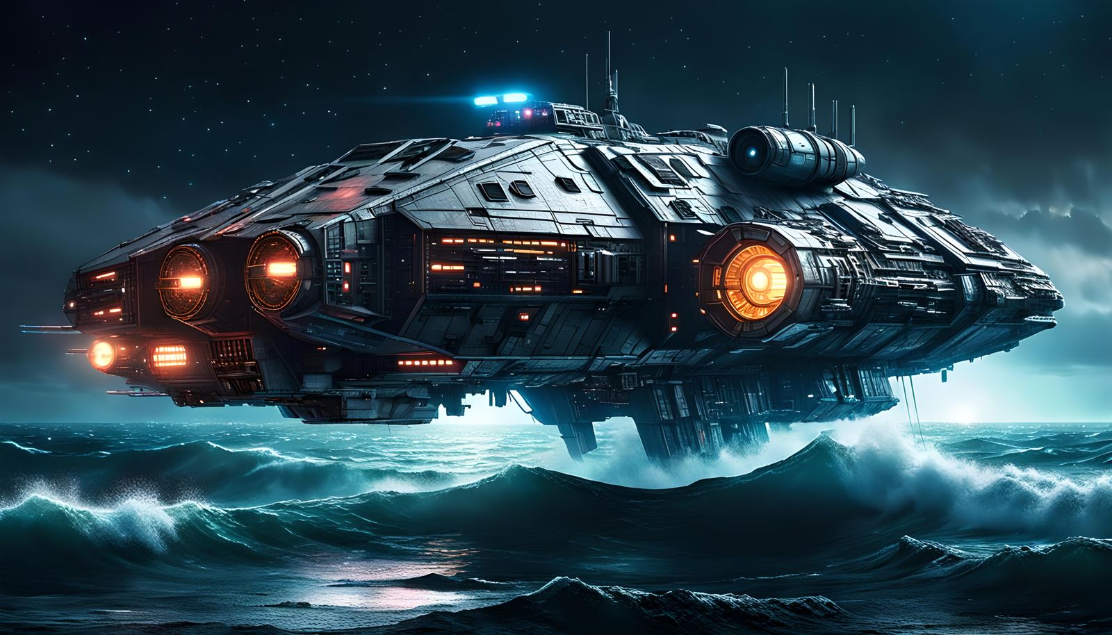 Cyberpunk Spacecraft Emerges from Stormy Sea