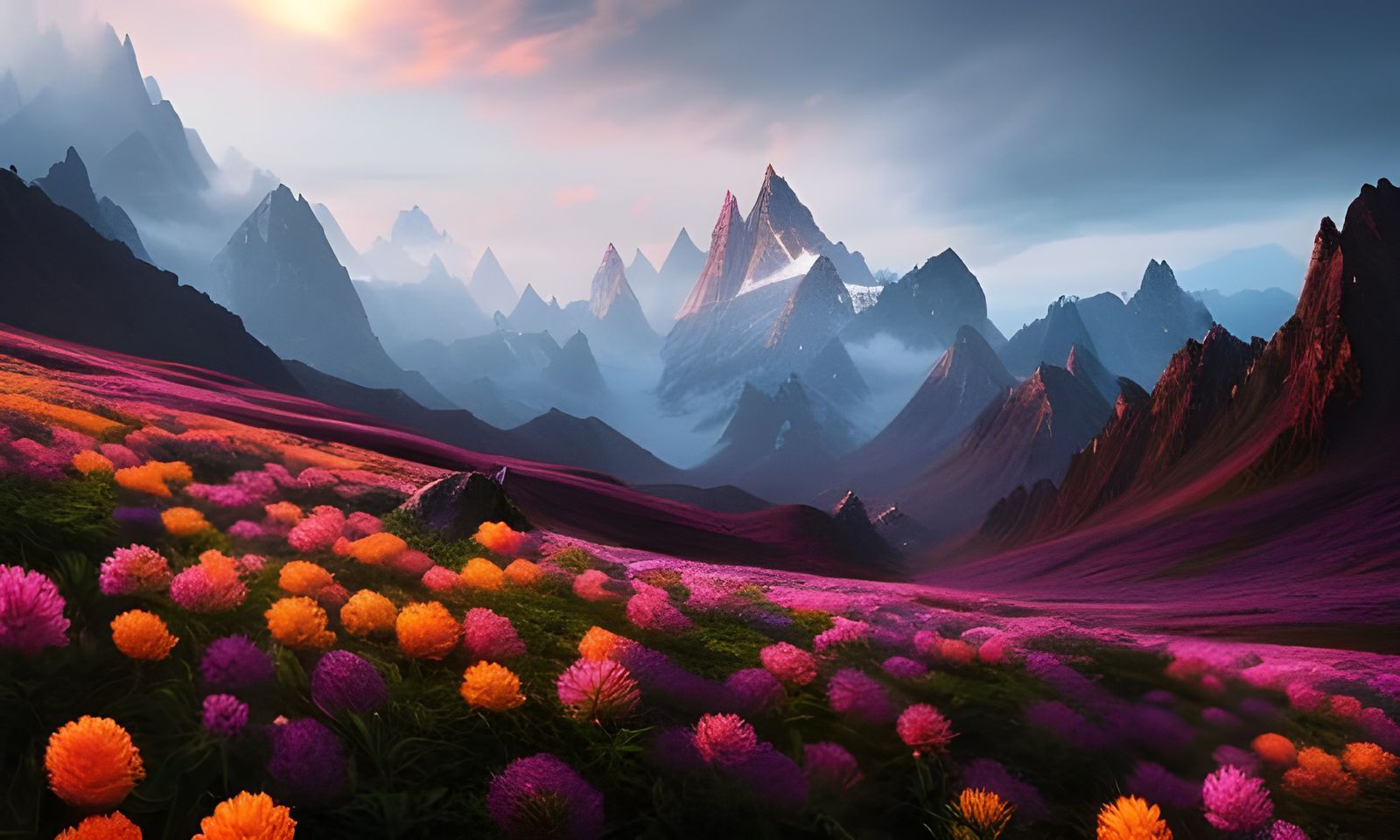 Night Mountain Landscape with Flower Storm