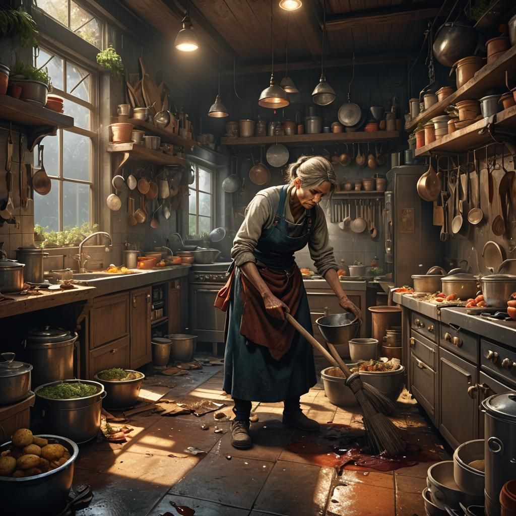 Woman Cleaning Kitchen: Dark Fantasy Concept Art